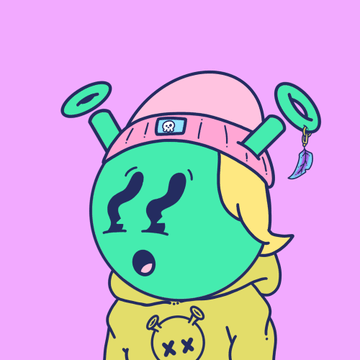 A cartoon illustration features a character with a green face, blonde hair, and two green antennae, wearing a pink beanie and yellow hoodie against a pink background.