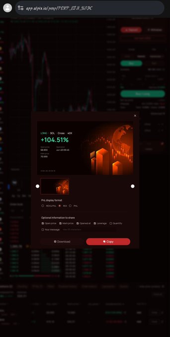 A screenshot of the Alpix trading platform showing a profit-sharing modal for a closed LONG SOL position with a +104.51% gain at a closing price of 60.69, displaying options to share, download, or copy the trade results to social platforms. The image illustrates the platform's reverse position feature mentioned in the post, which allows the trader to seamlessly flip from a profitable long to a short position with one click.
