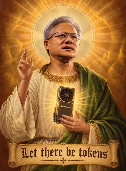 A religious-style digital portrait depicts Jensen Huang of NVIDIA depicted as a saint in robes, holding an NVIDIA GPU, with the caption 'Let there be tokens' below.