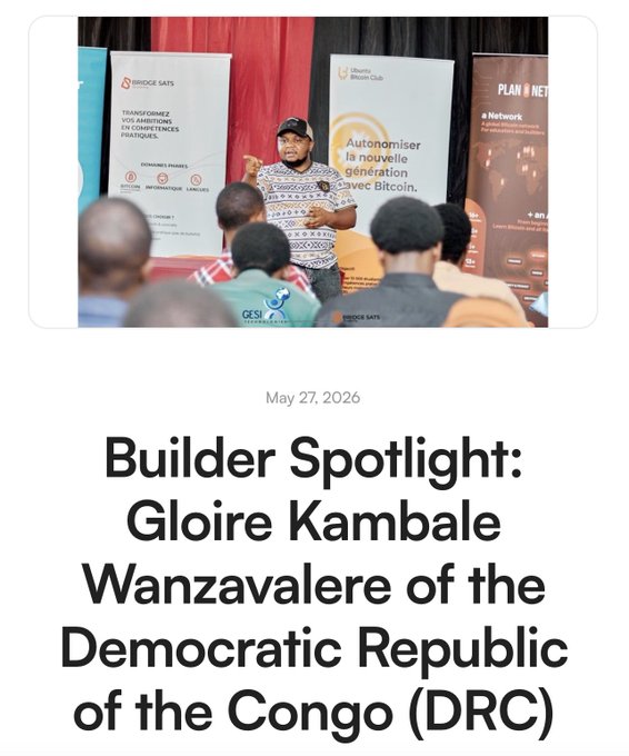 The image shows a poster with text that reads "Builder Spotlight: Gloire Kambale Wanzavalere of the Democratic Republic of Congo (DRC)". The poster also features an image of a man giving a speech, which appears to be related to the topic of the post.