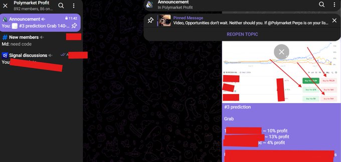 A screenshot of a Telegram chat titled "Polymarket Profit" ("Polymarket Perps", 892 members) showing messages about an announcement and pinned messages with profit predictions (10% profit, 13% profit, 4% profit) and price target charts.