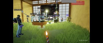 A blurry vertical screenshot of a mobile game featuring a character in a yellow building with grassy terrain and a glowing orange weapon at the bottom.
