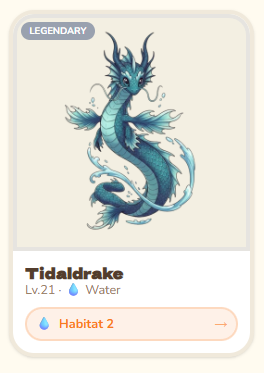 The image features a card with a picture of a dragon, which appears to be a Purple Stone, and some text that reads "Tidaldrake" and "Water habitat 2". The card also includes an option for users to rate or comment on the discovery.