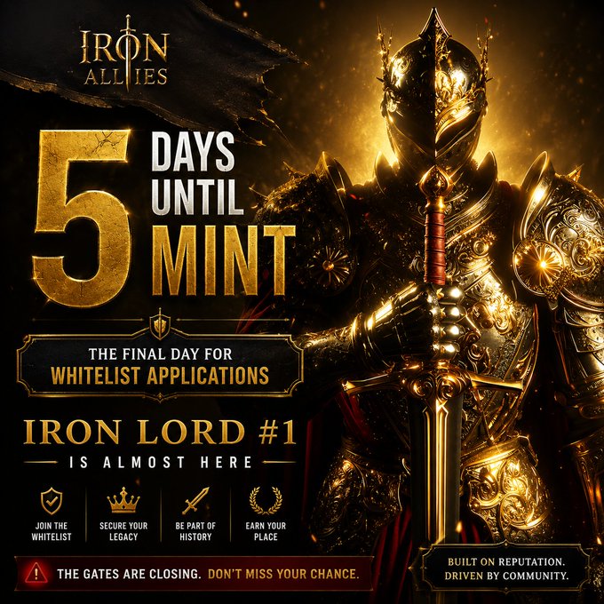 A promotional graphic for 'Iron Allies' announcing '5 DAYS UNTIL MINT' for 'Iron Lord #1', featuring a heavily armored knight in gold armor holding a sword.