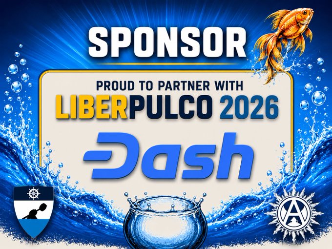 A vibrant blue graphic announces a sponsor partnership for 'LIBERPULCO 2026' with the cryptocurrency 'Dash', featuring a goldfish and water splash imagery.