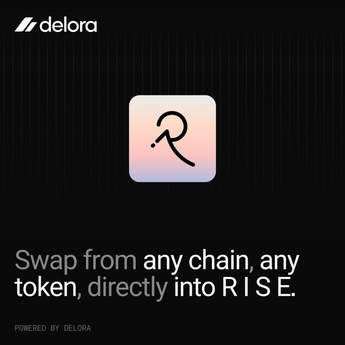A dark promotional graphic for Delora featuring a stylized 'R' icon and the tagline 'Swap from any chain, any token, directly into RISE,' powered by Delora.