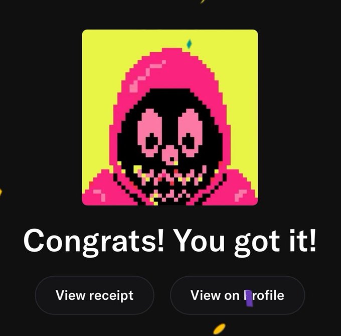 A confirmation screen displaying 'Congrats! You got it!' after purchasing a pink pixelated skull-hooded character NFT, with buttons to 'View receipt' and 'View on profile'.