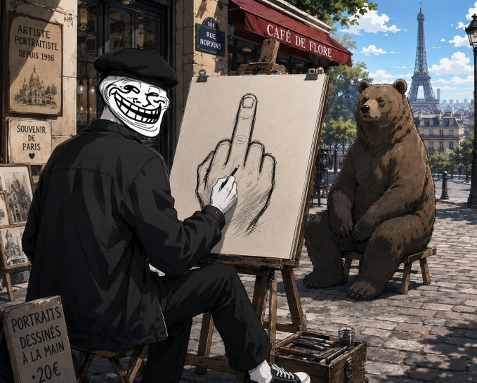 An illustration of a Paris street scene featuring a portrait artist with a Trollface mask drawing a middle finger on an easel, while a brown bear sits nearby, with the Eiffel Tower and Café de Flore visible in the background and signs reading 'ARTISTE PORTRAITISTE DEPUIS 1998', 'SOUVENIR DE PARIS', and 'PORTRAITS DESSINÉS À LA MAIN 20€'.