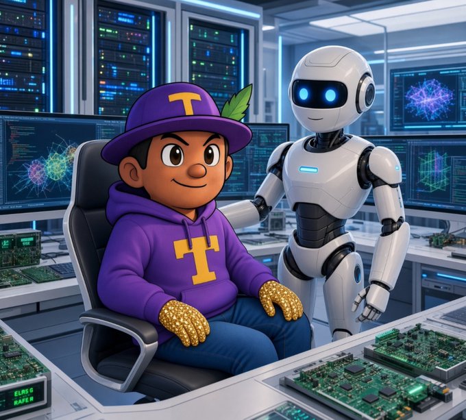 A stylized 3D illustration of a cartoon character in a purple 'T' hoodie and cap sitting in a gaming chair alongside a white humanoid robot in a futuristic server room.
