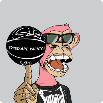 Cartoon illustration of a Bored Ape Yacht Club character wearing sunglasses and a tuxedo, spinning a basketball with the BAYC logo on it.