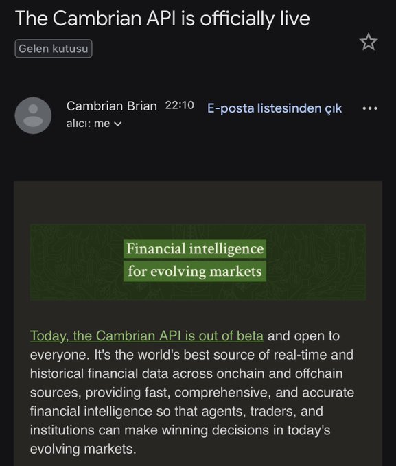 An email notification from 'Cambrian Brian' at 22:10 announces 'The Cambrian API is officially live', describing it as 'Financial intelligence for evolving markets' and the world's best source of real-time and historical financial data.