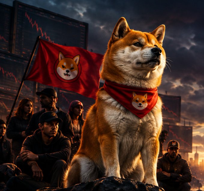 A digital artwork depicting a Shiba Inu dog wearing a red bandana with a Shiba logo, sitting prominently in front of a crowd and a red flag bearing the same dog logo, with a stock market chart in the background.
