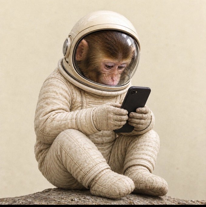 A whimsical image shows a small monkey wearing a vintage astronaut suit, sitting and looking down at a smartphone.