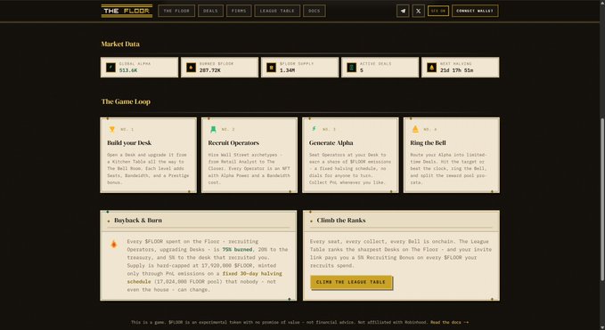 A screenshot of "The Floor" game's homepage displays market data (Global Alpha: 253.6K, Supply Delta: 1057.73K, Active Users: 1,309, Active Deals: 0, Best Holding: 25d 17h 55m) and gameplay sections titled "The Game Loop" featuring objectives like Build your Desk, Recruit Operators, Generate Alpha, and King the Bell, with $FLOOR token mechanics explained in a "Buyback & Burn" section noting a 75% burn rate of the 75K supply and the "$LINK the League Table" feature.