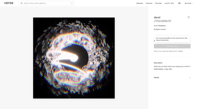 A verse platform listing for artwork titled "7H3.D0NU7//" by david, with a description "What do you think when you empty your mind?" from May 2024.
