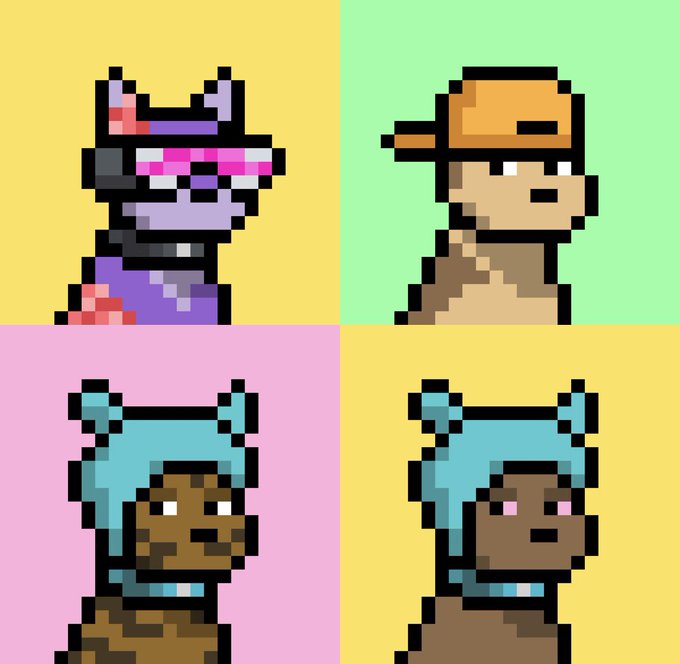 A pixel art illustration showing four characters in a 2x2 grid, including a purple cat-like figure, a person in an orange cap, and two figures with blue hair.