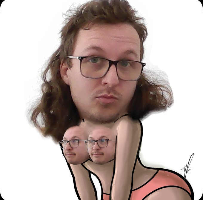 A digital artwork depicts a person with long curly hair and glasses whose body transitions into an illustrated figure carrying two smaller heads.