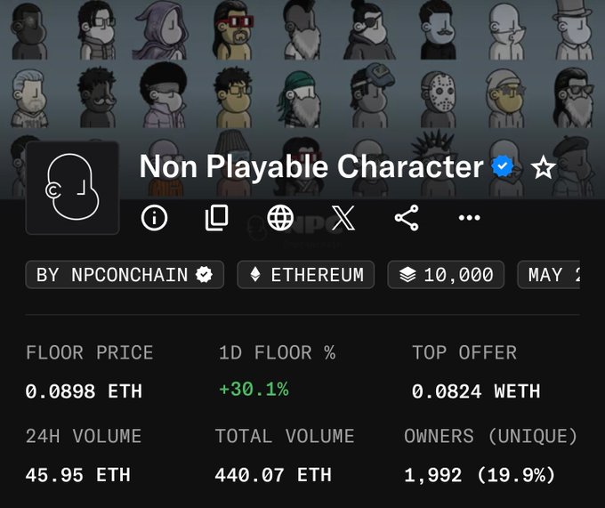 The image shows a screenshot of a website called "Non Playable Character". It displays various information about the character, including its price range for different floors (1D, 2D, 3D) and the total volume available for purchase. The text on the screen indicates that the character is currently in the top-off stage, which means it has reached a maximum price of 0.98 ether. This information can be helpful to potential buyers who are interested in purchasing this particular character from the website.