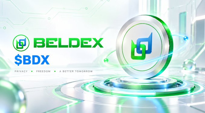 A futuristic green and blue digital render showcases the Beldex logo with the ticker "$BDX" prominently displayed alongside the tagline "Privacy • Freedom • A Better Tomorrow," visually reinforcing the post's emphasis on $BDX's utility across staking, masternodes, payments, and network fees. The high-tech aesthetic complements the discussion of token economics and ecosystem functionality.