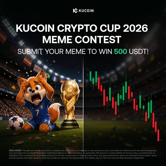 The image shows two different posts, both related to the KuCoinCrypto Cup 2016 meme contest. The first post features a cartoon fox sitting at home with a soccer ball next to him, while the second post includes a chart showing trading data for a football match that is losing by a large margin in the crypto markets. In the center of these two posts, there's a trophy icon placed on top of a soccer field image. The contest invites users to submit their Memes related to football and crypto, with a prize of 500 USDT if they can combine elements from both worlds effectively into their creations.