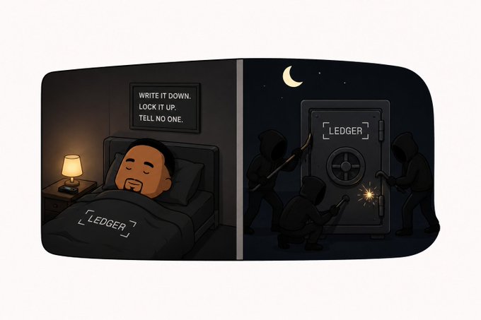 The image features a cartoon illustration depicting two scenarios related to security concerns, with a bed and a safe as the main elements. In one scene, a man is peacefully sleeping under a crescent moon while his alarm clock reads "Locked down". The other scenario shows a group of people standing around a locked safe, with the text "Gm Gm @Ledger" written on it. The image seems to be related to a post about security and the importance of writing down one's keys for added safety.