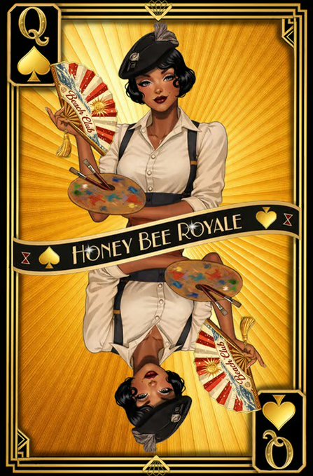 An illustrated playing card design for the Queen of Spades labeled "Honey Bee Royale," featuring a stylish woman holding a paint palette and a decorative fan, with an inverted duplicate image below.