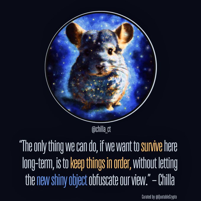 A graphic features a chinchilla with a galaxy pattern inside a circle, accompanied by the quote: 'The only thing we can do, if we want to survive here long-term, is to keep things in order, without letting the new shiny object obfuscate our view.' — Chilla (@chilla_ct).