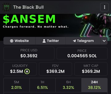 A cryptocurrency listing for $ANSEM (The Black Bull) with tagline 'Charges forward. No matter what.', priced at $0.3692 USD or 0.004565 SOL, with liquidity $2.5M, FDV $369.2M, and 24H gain of 38.12%.