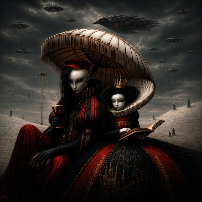 Two pale figures in elaborate medieval dress sit beneath a large parasol in a desolate snowy landscape, surrounded by mysterious hovering crafts and shadowy observers, as a dark, dragon-like ship looms overhead—evoking the eerie, otherworldly atmosphere of a silent canopy where power and legacy are being passed down.