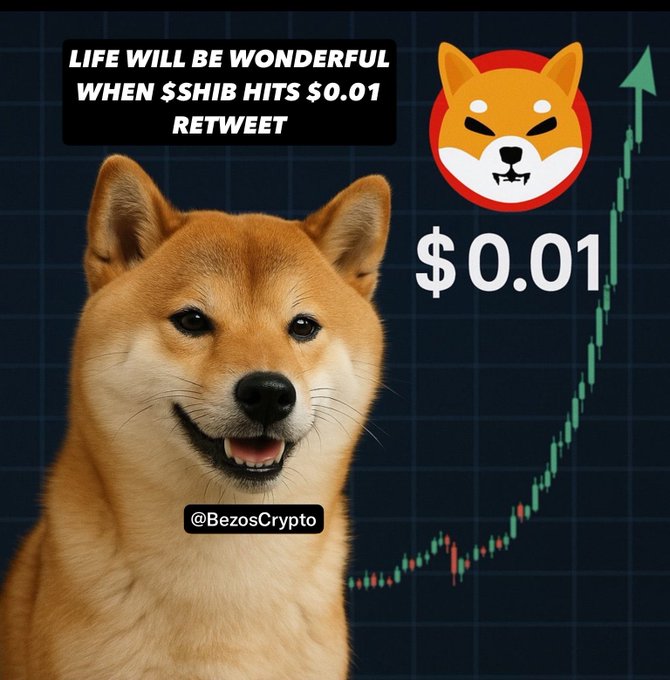 A meme featuring a Shiba Inu dog with text reading 'LIFE WILL BE WONDERFUL WHEN $SHIB HITS $0.01 RETWEET' and '@BezosCrypto', alongside a price chart showing an upward trend toward $0.01.