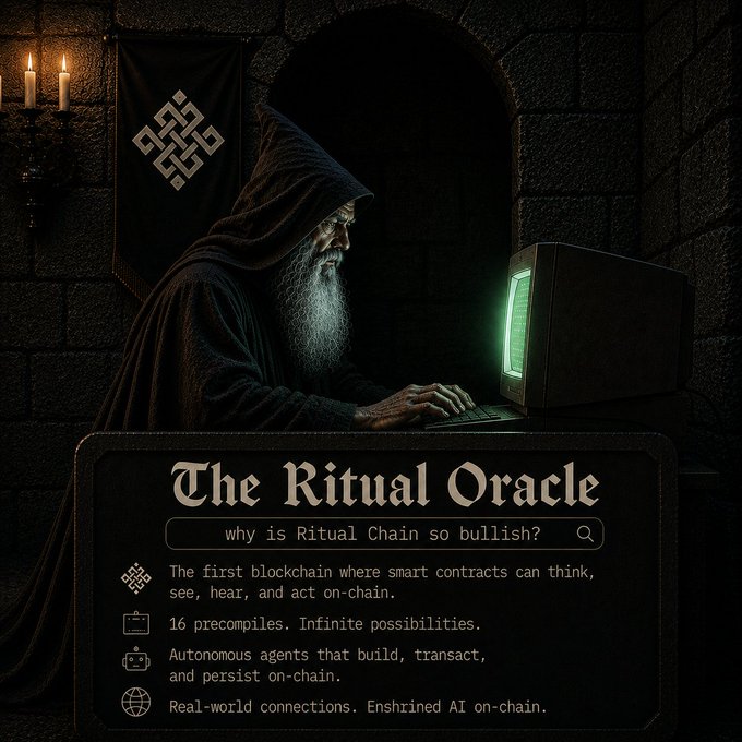 A dark fantasy illustration titled 'The Ritual Oracle' showing a hooded bearded figure at an old computer monitor, with text highlighting features like '16 precompiles. Infinite possibilities' and 'Autonomous agents that build, transact, and persist on-chain.'