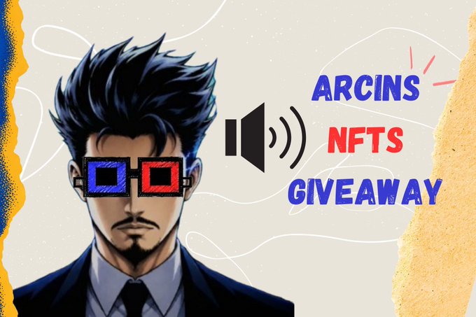 An illustrated graphic featuring a man with spiky black hair wearing red and blue pixelated sunglasses, with text 'ARCINS NFTS GIVEAWAY' and a speaker icon.