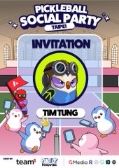 A "Pickleball Social Party Taipei" invitation graphic features a penguin avatar wearing headphones and goggles labeled "TIM TUNG," set against an illustration of several other penguins playing pickleball on a court. The image ties to a social media post about Day 2 of Taipei Week at Garden Pick, thanking organizers and sponsors including Pengu Asia, Pudgy Penguins, Avax Team1, 0x Media Co., and Radiance Vntr for a fun pickleball event.