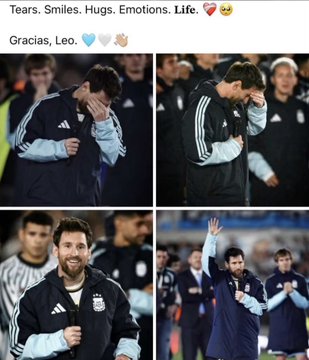 A collage of four photos showing a smiling soccer player in an Argentina jersey, with caption text "Tears. Smiles. Hugs. Emotions. Life" and "Gracias, Leo."