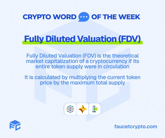 An educational graphic defining the 'CRYPTO WORD OF THE WEEK' as 'Fully Diluted Valuation (FDV)' from faucetcrypto.com.