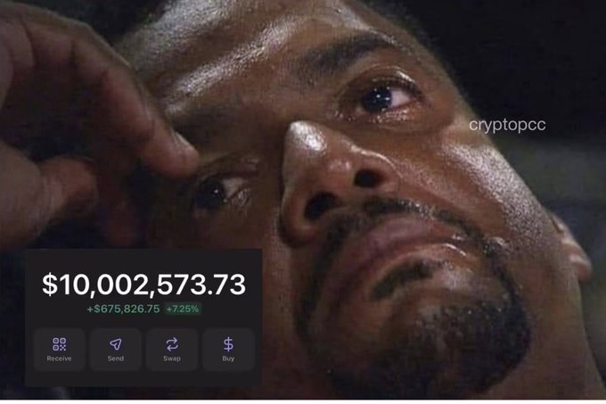 A sweating man stares wide-eyed at his crypto portfolio showing $10,002,573.73 with a +$675,826.75 (+7.25%) gain, alongside Receive, Send, Swap, and Buy buttons. The image humorously captures the overwhelm of seeing a massive crypto balance, matching the caption about the stress of having to figure out how to cash out such a large sum.