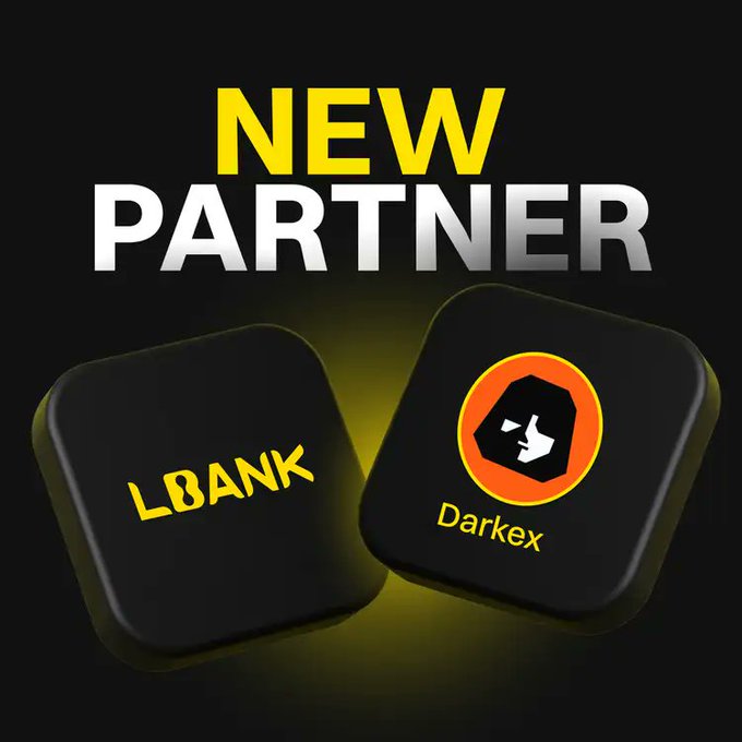 A promotional graphic announcing a new partnership between LBANK and Darkex, featuring bold "NEW PARTNER" text at the top and the two companies' logos displayed on black rounded-square icons against a dark background with a yellow glow—visually reinforcing the collaboration highlighted in the post about connecting hedging intelligence with global crypto liquidity.