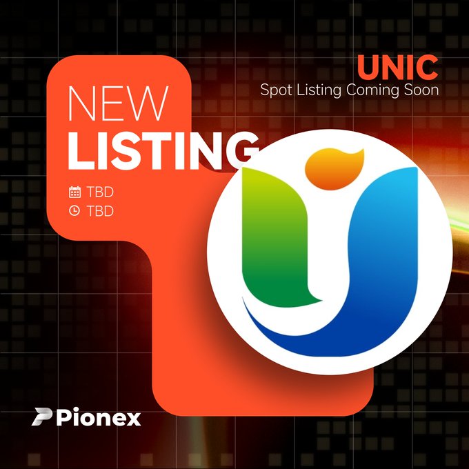 A promotional graphic from Pionex announces an upcoming spot listing for the UNIC (Unitoken) cryptocurrency, featuring the "NEW LISTING" text in an orange speech bubble, the colorful UNIC logo, and the ticker "UNIC" alongside "Spot Listing Coming Soon," with placeholder "TBD" dates, all set against a dark pixelated background.