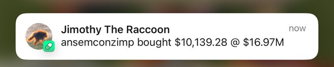 A notification from "Jimothy The Racoon" shows that "anseonconzimp" bought $10,139.28 @ $16.97M, likely relating to the accompanying post thanking @blknoiz06 for the purchase of the $Jimothy bag.