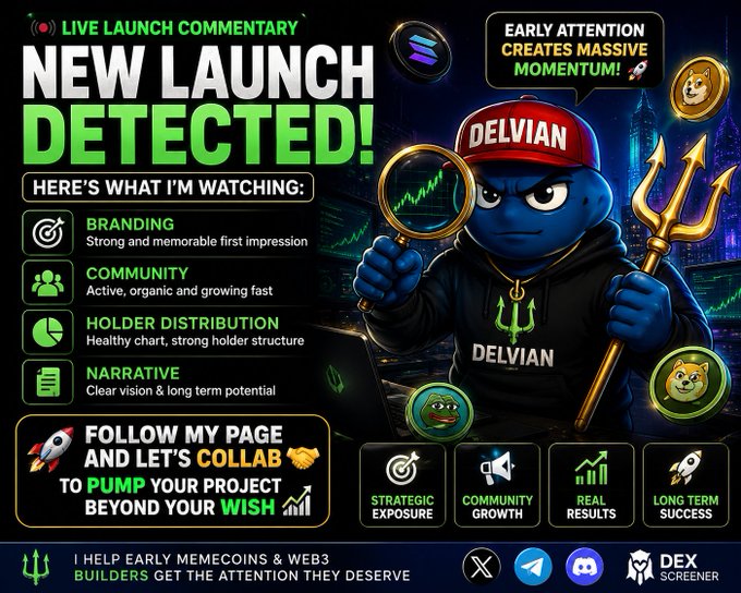 A promotional graphic titled 'NEW LAUNCH DETECTED!' by 'DELVIAN' offering live launch commentary and crypto project promotion services, highlighting branding, community, holder distribution, and narrative.