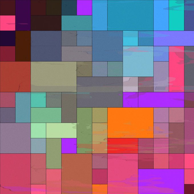 An abstract digital artwork composed of various rectangular blocks in a patchwork arrangement featuring colors like red, purple, blue, green, orange, and gray.