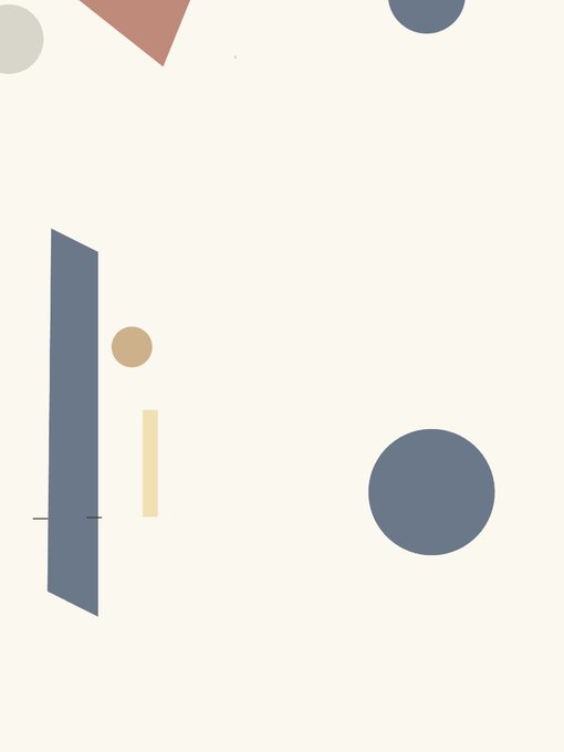 A minimalist abstract artwork featuring various geometric shapes in blue, tan, beige, and pink scattered across a cream-colored background.