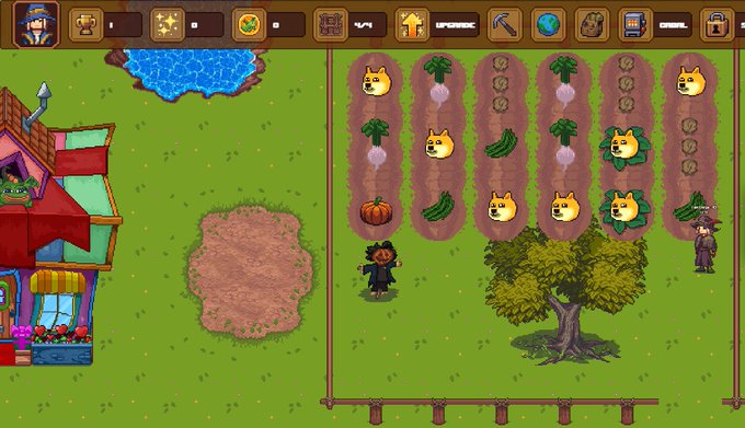 The screenshot shows a pixel-art farming game featuring a witch character tending to crops like turnips, pumpkins, and watermelons alongside dog-headed scarecrows. The "MEME" stock ticker visible at the top ties into the post's reference to "Memefied farming on Robinhood," humorously suggesting that buying meme stocks is as easy and quaint as tending a virtual garden.