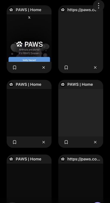The image displays multiple browser tabs on a mobile device, with the top-left tab featuring a "PAWS | Home" prompt that announces "Animals are done!! It's PAWS Season" alongside a "Voting Yourself" button, while other tabs show empty or loading states. This screenshot illustrates the PAWS platform the post references, capturing the very moment when its "season" voting feature was active—a period the poster recalls as a craze that initially seemed like easy money similar to the Dogs project, but ultimately led to losses, including one user liquidating his entire mining rig after the project collapsed.
