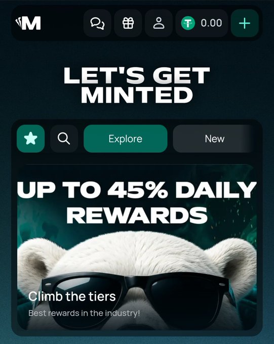 A mobile app interface for "Minted" displays "LET'S GET MINTED" with a Tether (USDT) balance of 0.00, promoting "UP TO 45% DAILY REWARDS" with an image of a white bear wearing sunglasses and the text "Climb the tiers, Best rewards in the industry!".