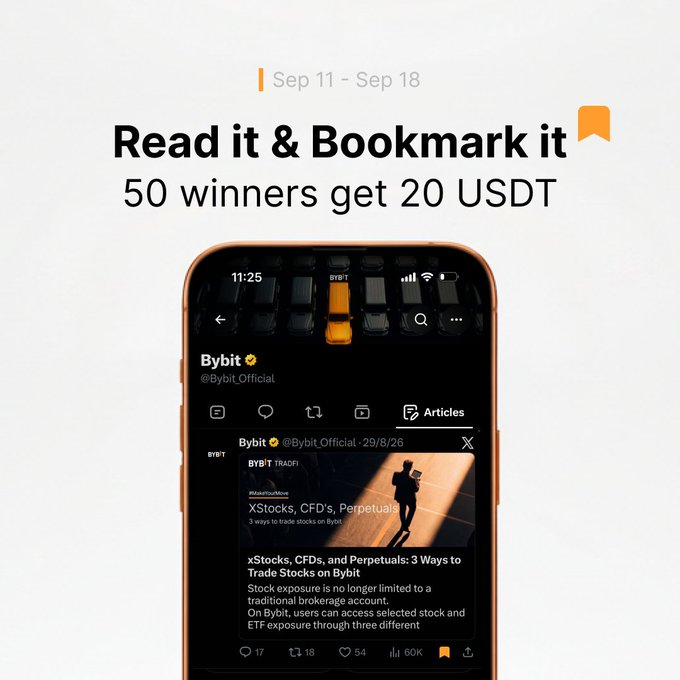 An advertisement for Bybit featuring 'Read it & Bookmark it - 50 winners get 20 USDT' with a Sep 11 - Sep 18 timeframe.
