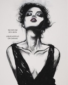 A black and white artistic portrait of a woman with closed eyes wearing a dark v-neck dress, with text on the left indicating dimensions '152 X 121 CM / 60 X 48 IN' and medium 'LIQUID ACRYLIC ON CANVAS'.