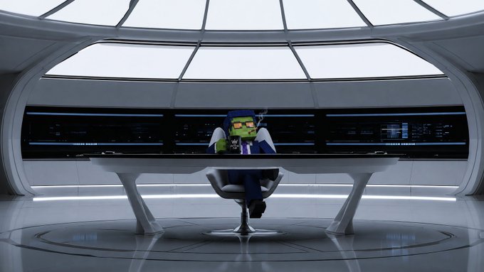 An image showing a green Pepe the Frog character wearing a blue suit, hat, and red glasses, sitting in a chair at a sleek futuristic control console in a high-tech room.