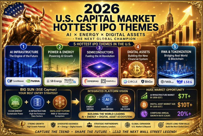 A vibrant golden and blue infographic titled '2026 U.S. CAPITAL MARKET HOTTEST IPO THEMES' highlights 'AI × ENERGY × DIGITAL ASSETS' as 'THE NEXT GLOBAL CHAMPION' and showcases 5 hottest themes with company logos including CoreWeave, NVIDIA, SB Energy, NextEra Energy, Cerebras, Marvell, Circle, BitGo, RWA.xyz, and LSEG, alongside statistics like '$7T+' AI Infrastructure Market by 2030.