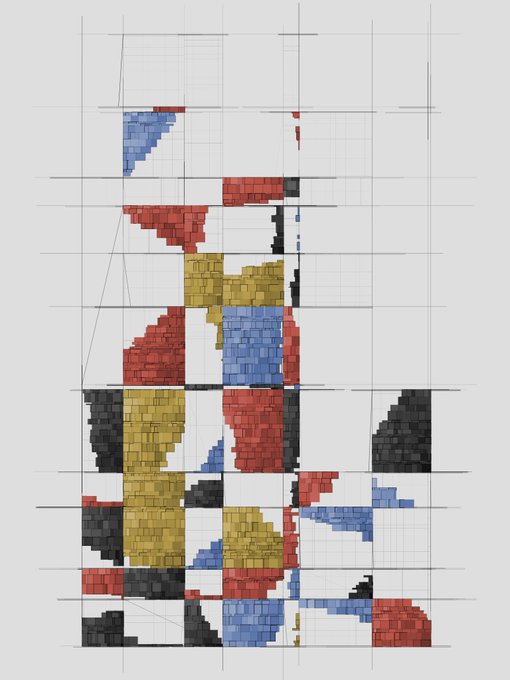 An abstract geometric artwork featuring blocks of red, yellow, blue, and black pixelated shapes arranged in a grid-like composition.